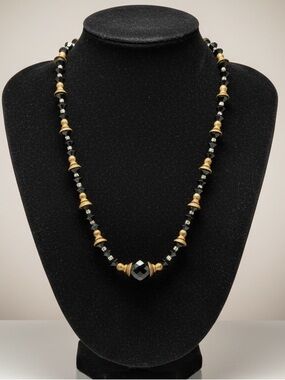 Vintage Art Deco Czech Black Faceted Glass Bead Necklace Brass Rondelle Spacers